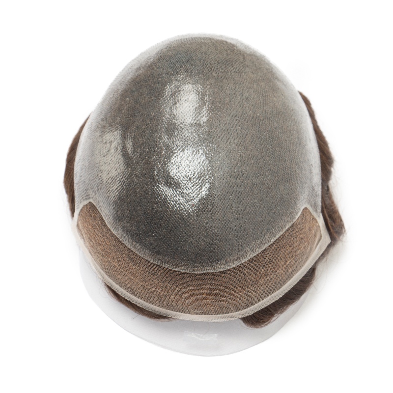 Ominilace:Herren-Haarsystem mit Ominilace-Basis: Unsichtbare Lace-Front, strapazierfähiges PU-Hinterteil.