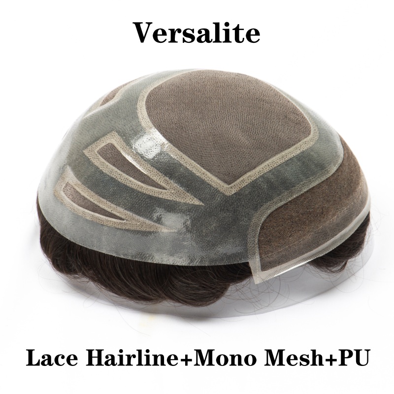 Versalite-Basis | Lace-Front + MONO-Mesh + PU Herrentoupet | Spitzen-Haaransatz-Perücke | Natürlicher Haaransatz | Echthaar-System
